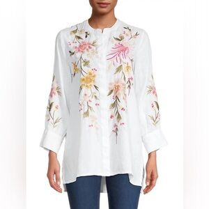 Johnny Was Mei Voyager Linen Floral Tunic - White